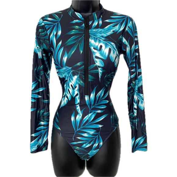 New Small Tropical Leaf Print Long Sleeve Padded‎ Swim Wetsuit Floral Zip Scuba - Picture 1 of 3